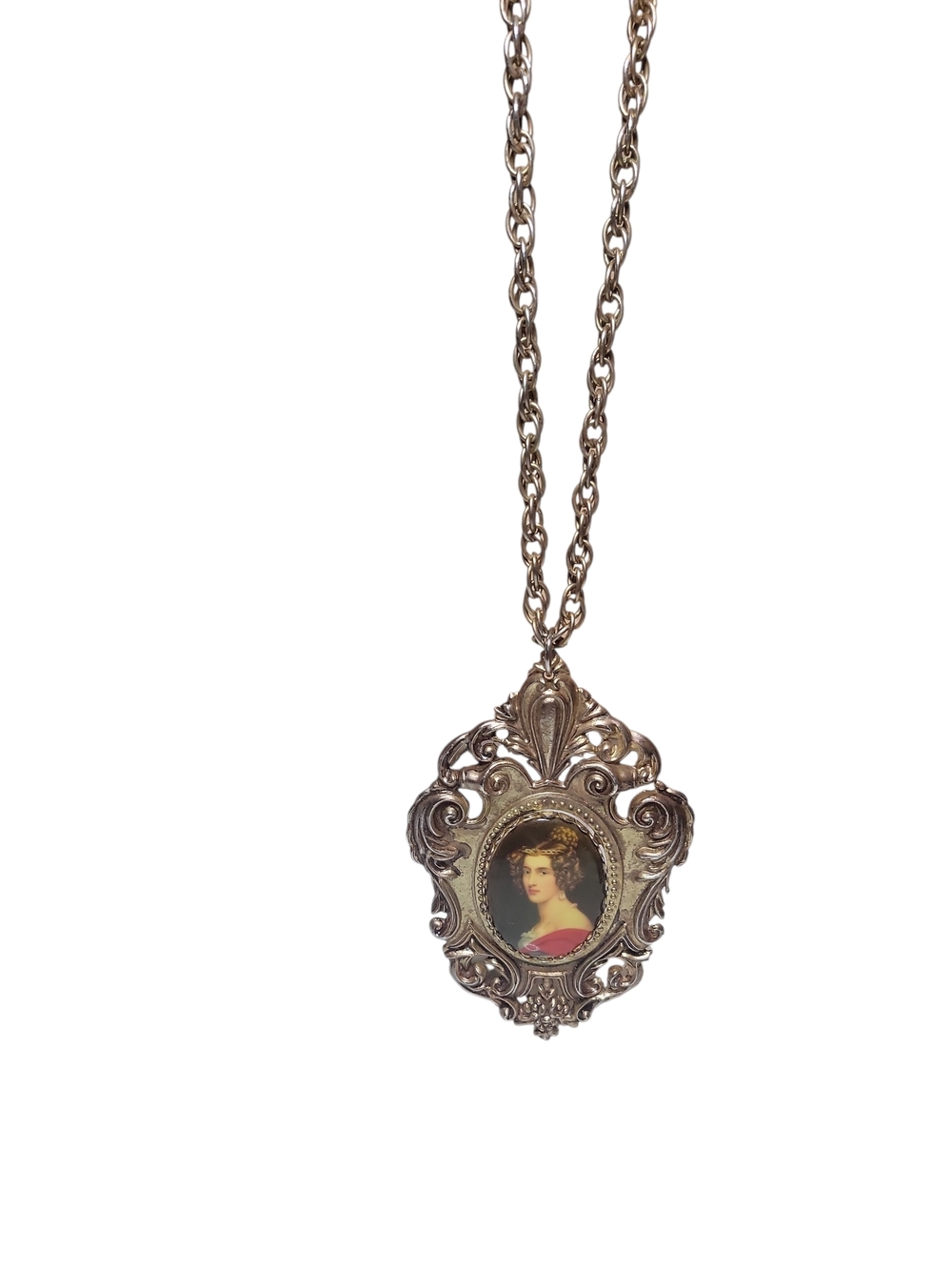 Vintage Victorian Revival Portrait Cameo Pendant Necklace Large Ornate Frame 24” - Picture 3 of 6